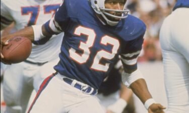 O.J. Simpson of the Buffalo Bills in action during a game against the Denver Broncos at Rich Stadium in New York.
