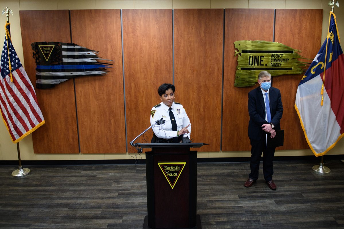 <i>Andrew Craft/USA Today Network</i><br/>Fayetteville Police Chief Gina Hawkins (left) and Cumberland County District Attorney Billy West take questions about the shooting death of Jason Walker by an off-duty deputy with the Cumberland County Sheriff's Office.