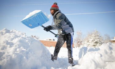 Bonny Obutu shovels snow off his sidewalk in West Des Moines
