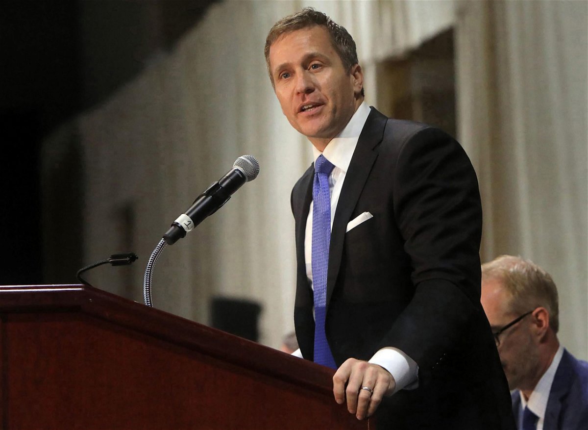 <i>Laurie Skrivan/St. Louis Post-Dispatch/Tribune News Service/Getty Images</i><br/>Former Gov. Eric Greitens delivers the keynote address at the St. Louis Area Police Chiefs Association 27th Annual Police Officer Memorial Prayer Breakfast in April 2018.