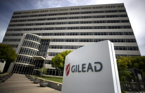 A sign is posted in front of the Gilead Sciences headquarters on April 29