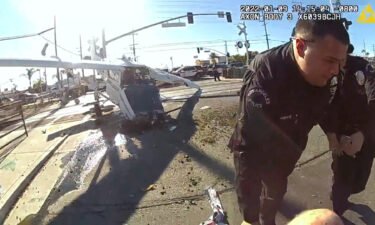 Bodycam footage shows LAPD officers pull a pilot out of a crashed plane right before it is hit by a train.