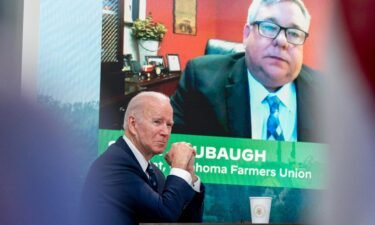 President Joe Biden attends a virtual meeting with family and independent farmers and ranchers including Scott Blubaugh