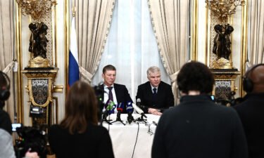 The Kremlin's deputy chief of staff Dmitry Kozak and Russian Ambassador to France Alexey Meshkov hold a news conference at the Russian Ambassador's residence in Paris on January 26