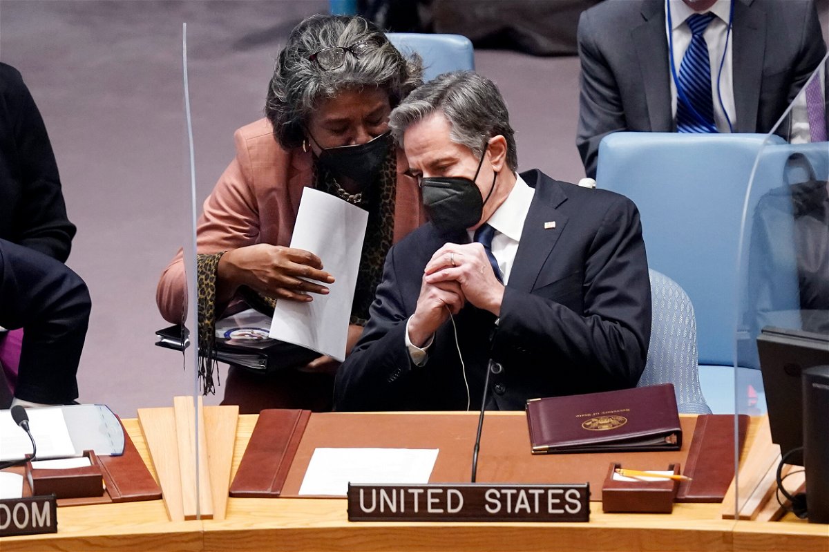 <i>Richard Drew/AP</i><br/>US Secretary of State Antony Blinken confers with US Ambassador Linda Thomas-Greenfield during a meeting of the United Nations Security Council on February 17.