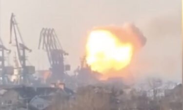 A screengrab of a video shared on social media of the Berdyansk port fire.