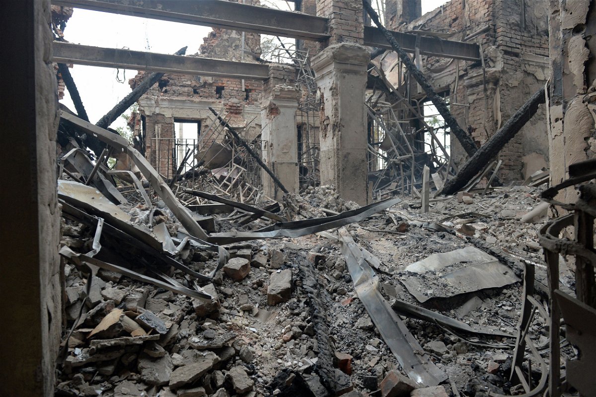 <i>Sergey Bobok/AFP/Getty Images</i><br/>This school was destroyed as a result of a fight not far from Kharkiv's city center on February 28.