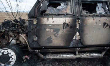 A burned-out Russian combat vehicle