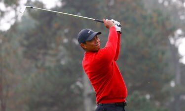 Tiger Woods plays his shot from the third tee during the fourth round of the 2020 Masters in November 2020 in Augusta