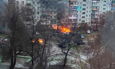 Fire is seen after an attack at a residential area in Mariupol on March 3
