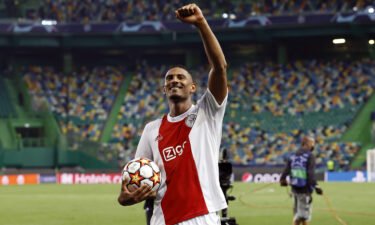 Sebastien Haller of Ajax with the match ball during the UEFA Champions League match between Sporting CP and Ajax Amsterdam at Estadio Jose Alvalade on September 15