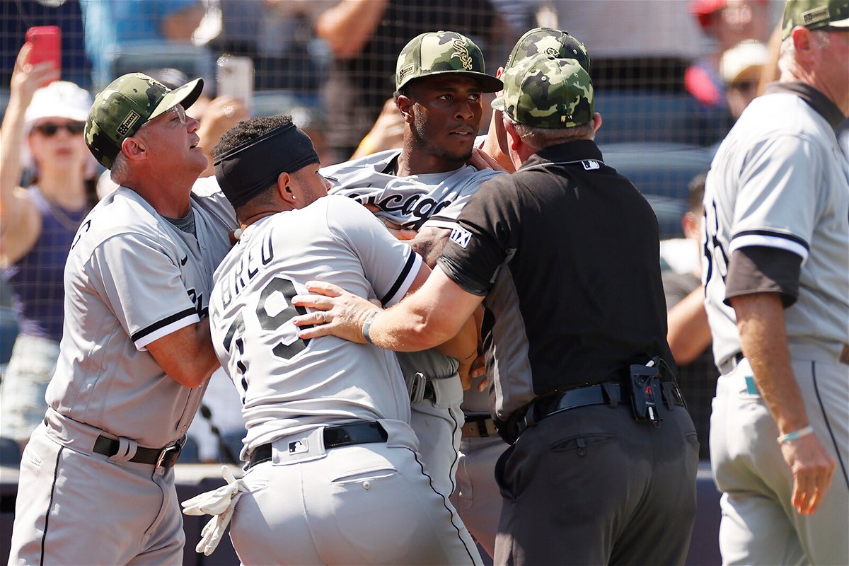 <i>Sarah Stier/Getty Images</i><br/>Tim Anderson is restrained by teammate José Abreu during Saturday's game in New York.