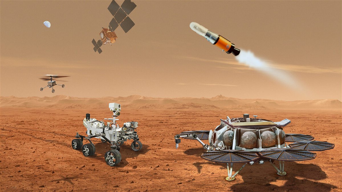 <i>NASA/JPL-Caltech</i><br/>This illustration shows an updated concept for multiple robots that would work together to return Martian samples collected by NASA's Perseverance rover to Earth.