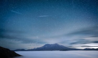 Pictured is a past Delta Aquariids meteor shower occurring around 2 a.m. over Mount St. Helens in Washington State.