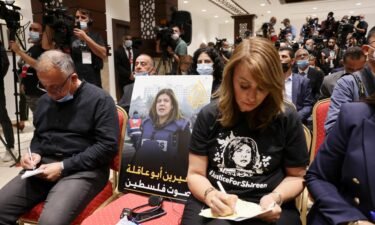 An image of slain Palestinian-American journalist Shireen Abu Akleh is placed on a chair