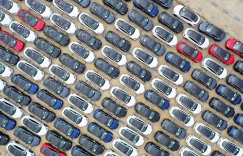 Aerial view of electric vehicles to be shipped aboard at Nangang port on May 15 in Shanghai