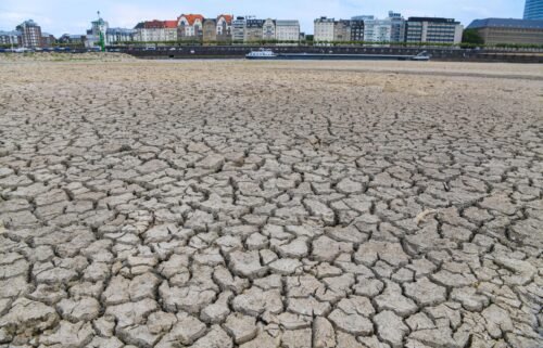 Western Europe deals with the fallout from extreme heat and drought. Pictured here is the dried up Rhine River bed in Germany in August 2018.