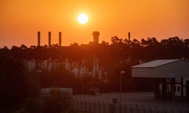 Sunrise over the gas receiving station of the Nord Stream 1 Baltic Sea pipeline in Lubmin