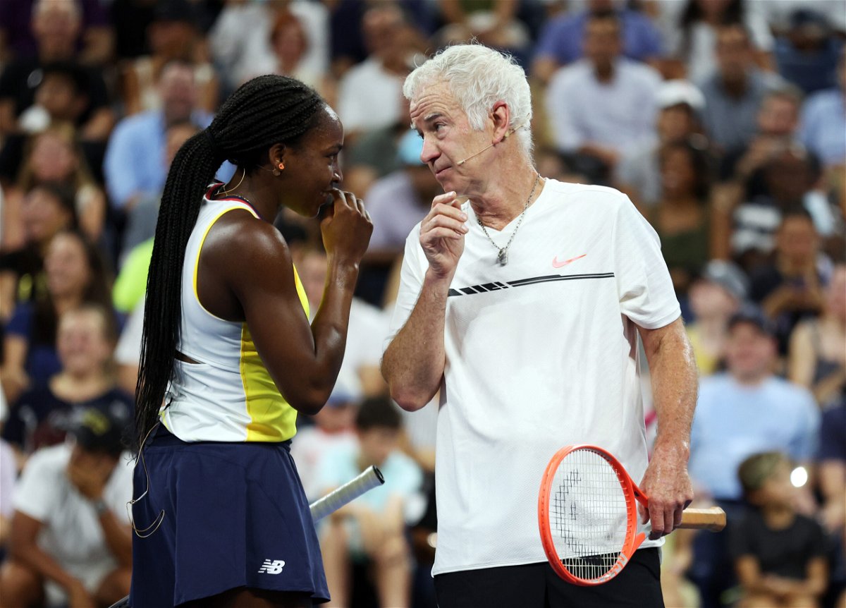 <i>Jamie Squire/Getty Images North America/Getty Images</i><br/>Americans John McEnroe and Coco Gauff teamed up to take on Swiatek and Nadal.