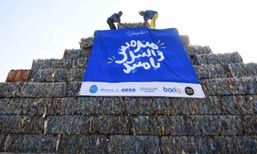 Environmental volunteers build a pyramid made of plastic waste collected from the Nile river