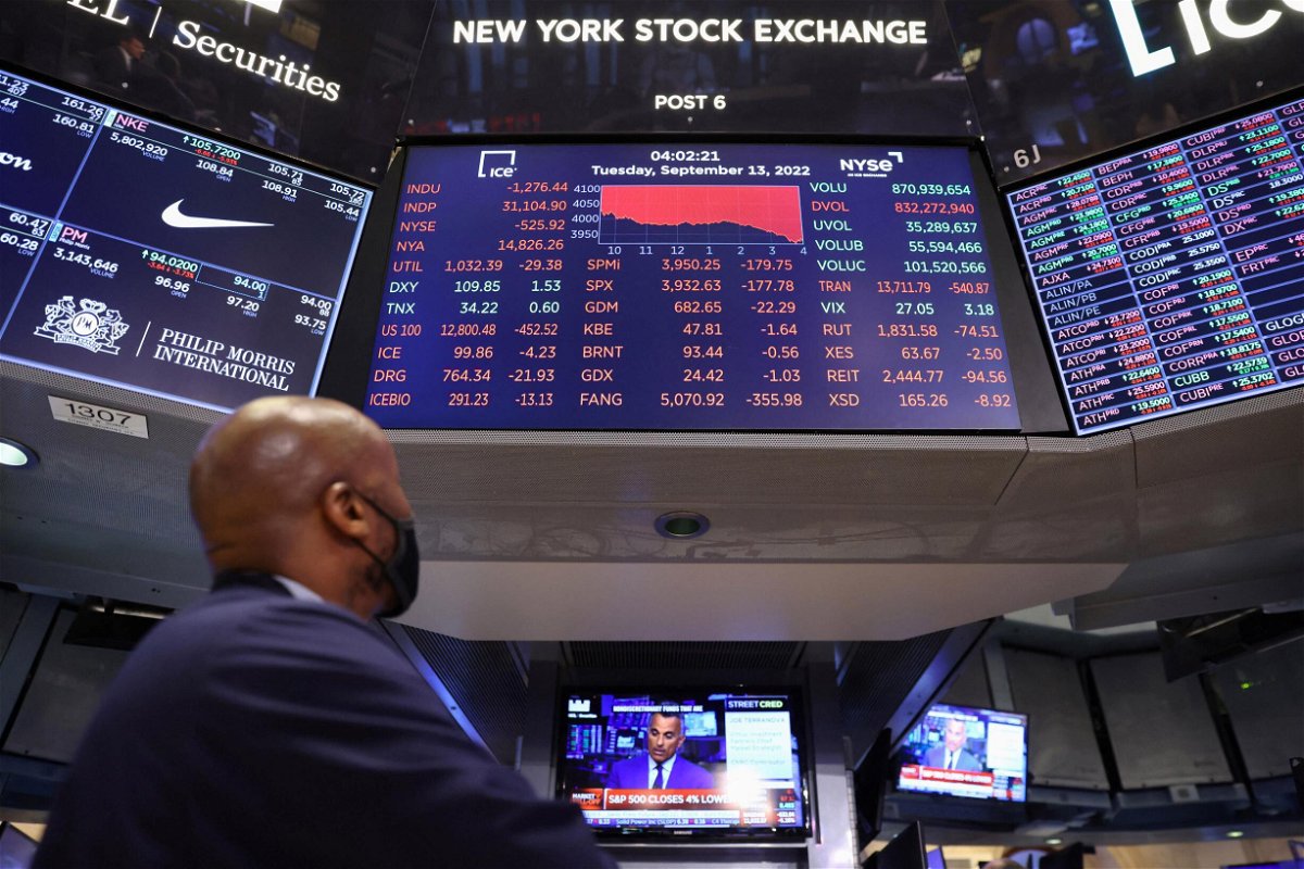 <i>Andrew Kelly/Reuters</i><br/>US stocks fell on September 16 after FedEx served investors a brutal pre-earnings announcement about the state of the global economy. A trader is seen here looking at a screen showing the Dow Jones Industrial Average on the trading floor at the NYSE.