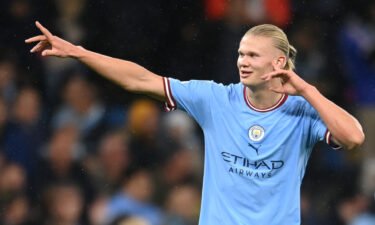 Erling Haaland of Manchester City celebrates after scoring their team's second goal during the UEFA Champions League group G match between Manchester City and FC Copenhagen at Etihad Stadium on October 5 in Manchester