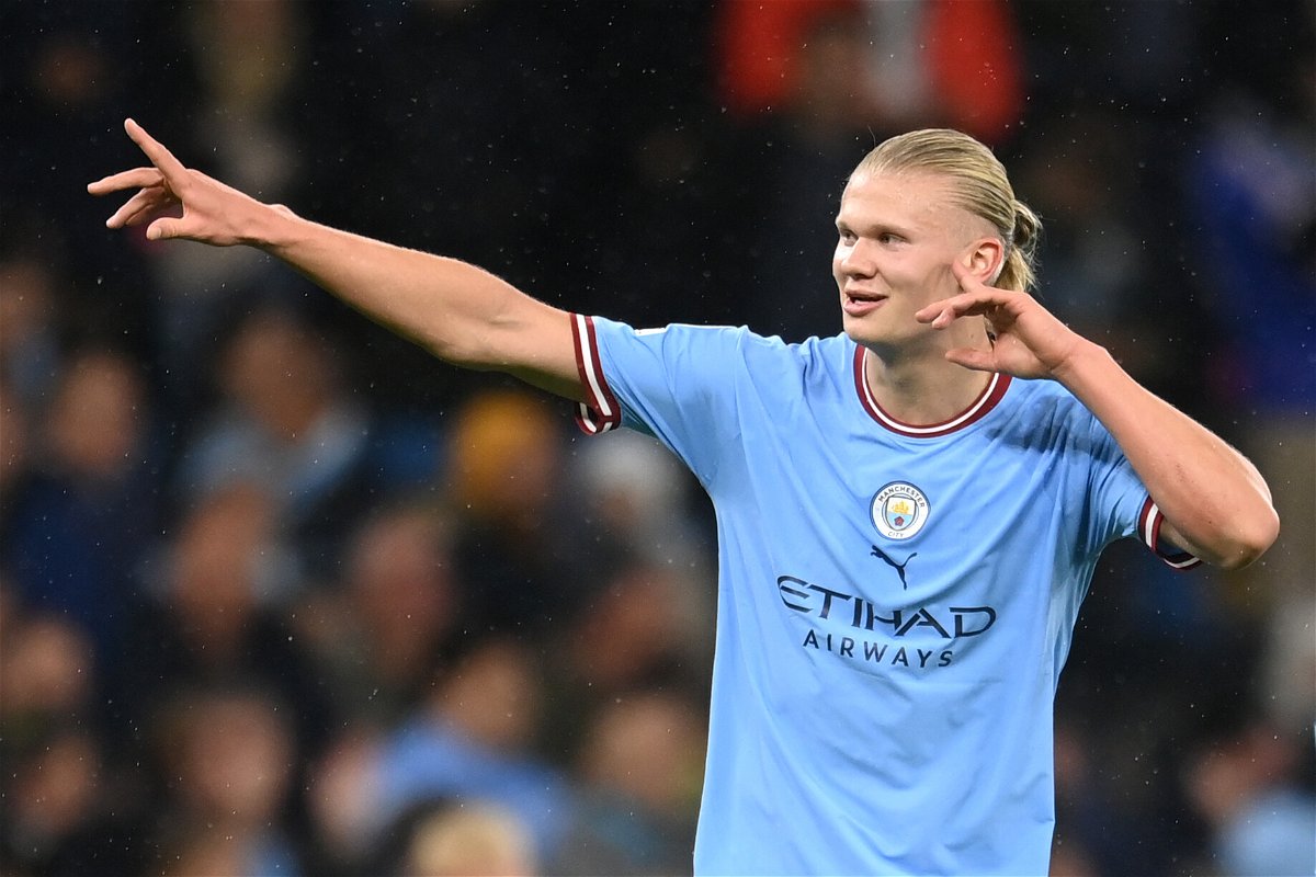<i>Michael Regan/Getty Images Europe/Getty Images</i><br/>Erling Haaland of Manchester City celebrates after scoring their team's second goal during the UEFA Champions League group G match between Manchester City and FC Copenhagen at Etihad Stadium on October 5 in Manchester
