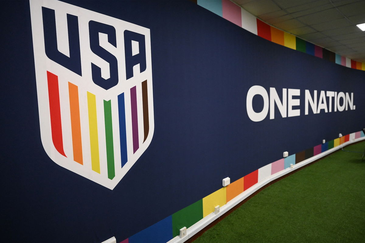 <i>Ozan Kose/AFP/Getty Images</i><br/>USA's team logo is displayed in a room used for briefings during a training session at the team's training camp in Doha ahead of Qatar 2022.