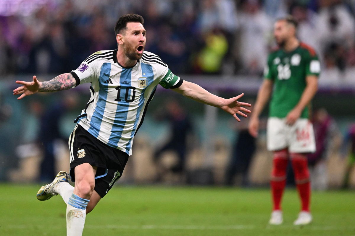 <i>KIRILL KUDRYAVTSEV/AFP/AFP via Getty Images</i><br/>Lionel Messi celebrates scoring the opening goal against Mexico.