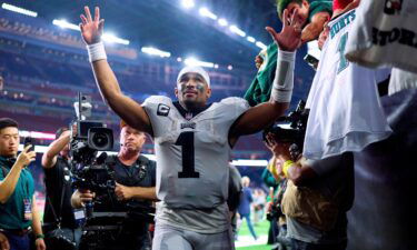 Jalen Hurts celebrates as he runs off the field after defeating the Houston Texans at NRG Stadium on November 3.