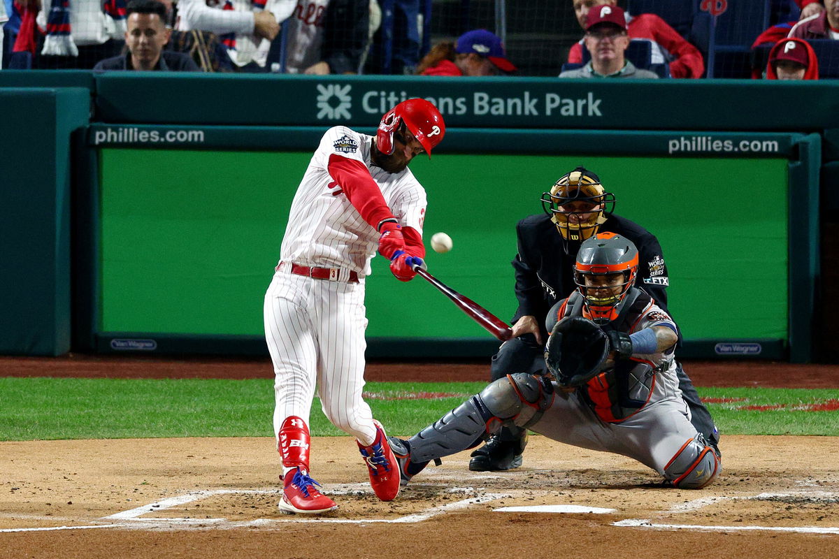 <i>Elsa/Getty Images</i><br/>Bryce Harper hit his sixth home run of the postseason.