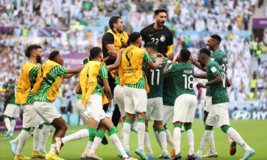 Saudi Arabia soccer team celebrates after scoring their team's second goal during the FIFA World Cup Qatar 2022 match between Argentina and Saudi Arabia on November 22