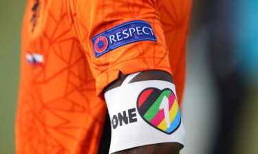 A detailed view of the "OneLove" armband worn by Holland's Georginio Wijnaldum during the UEFA Euro 2020 Championship round of 16 match against the Czech Republic at the Puskas Arena on June 27