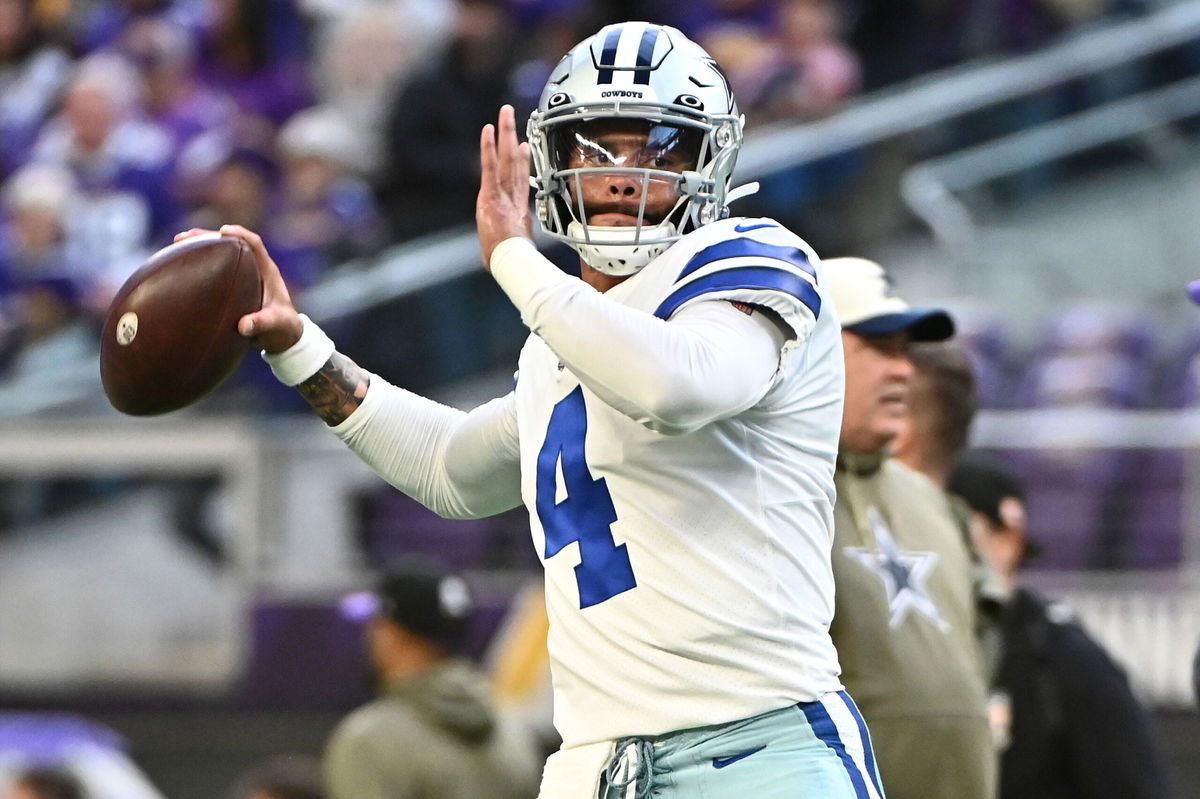 <i>Stephen Maturen/Getty Images</i><br/>Cowboys QB Dak Prescott warms up prior to playing the Vikings.