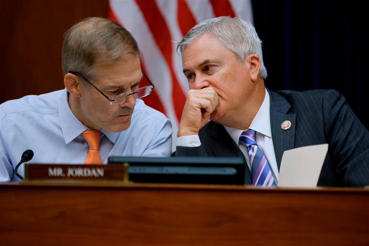 <i>Chip Somodevilla/Getty Images</i><br/>House Oversight and Government Reform Committee member Rep. Jim Jordan and ranking member Rep. James Comer (right) talk during a hearing in June in Washington DC.