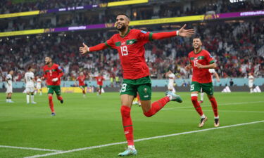 Youssef En-Nesyri celebrates after scoring his team's goal.