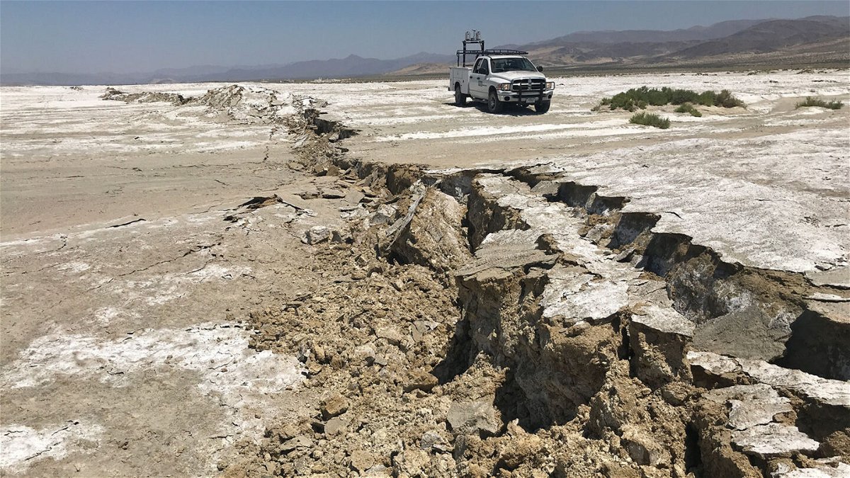<i>Ben Brooks/USGS/JPL/NASA</i><br/>A USGS Earthquake Science Center Mobile Laser Scanning truck scans the surface rupture near the zone of maximum surface displacement of the magnitude 7.1 earthquake that struck the Ridgecrest area.