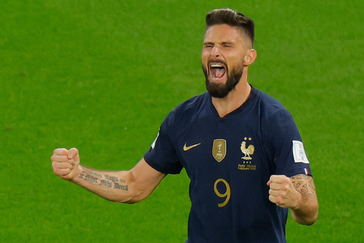 <i>ODD ANDERSEN/AFP/AFP via Getty Images</i><br/>Olivier Giroud celebrates scoring the opening goal.