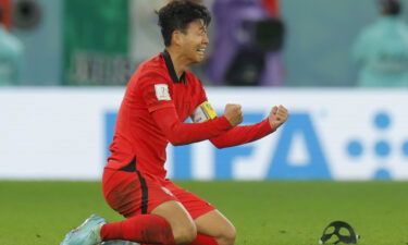 Son Heung-min celebrates victory over Portugal.