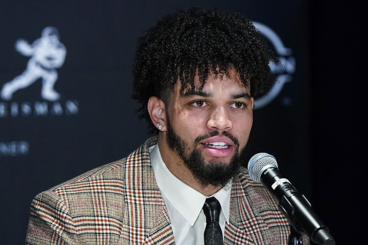 <i>Eduardo Munoz Alvarez/AP</i><br/>Heisman Trophy winner and Southern California quarterback Caleb Williams speaks before attending the award ceremony on December 10