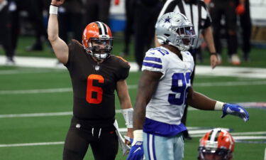 Mayfield celebrates a Cleveland Browns touchdown against the Dallas Cowboys in the second quarter on October 4