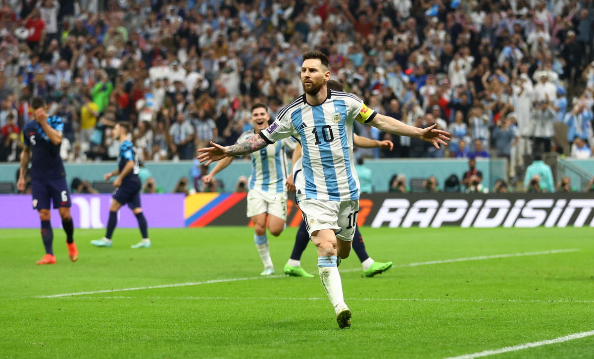 <i>Carl Recine/Reuters</i><br/>Lionel Messi celebrates after scoring Argentina's first goal from the penalty spot.