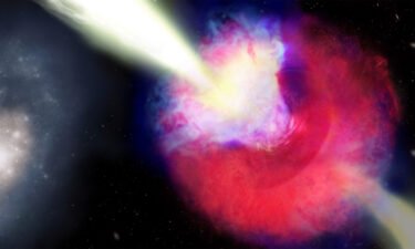 An artist's illustration of GRB 211211A shows the kilonova and gamma-ray burst (right) and ejected material from the explosion (left).