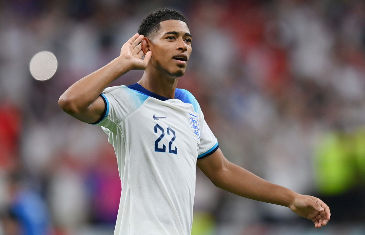 <i>Dan Mullan/Getty Images Europe/Getty Images</i><br/>Jude Bellingham celebrates during England's victory against Senegal.