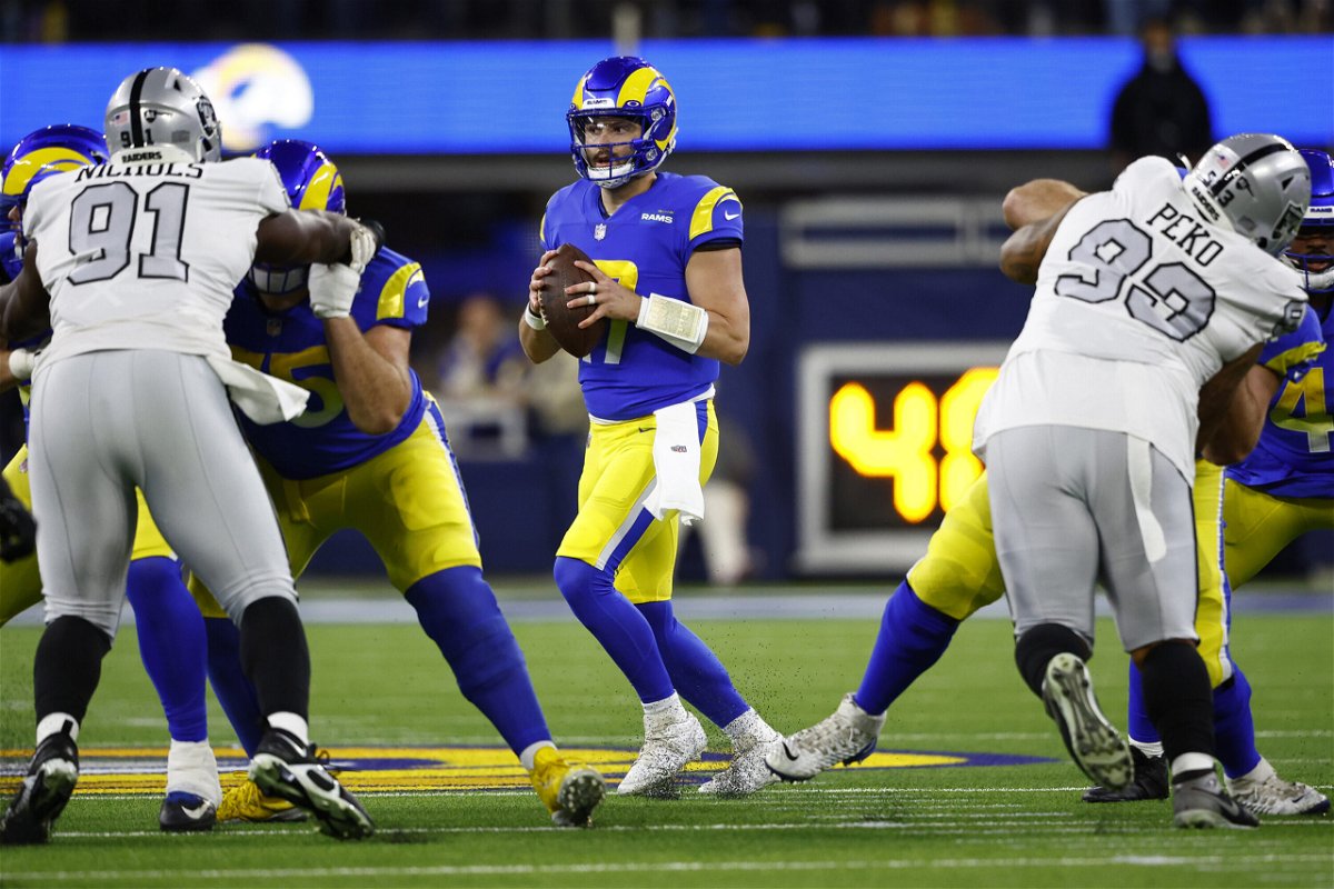 <i>Ronald Martinez/Getty Images</i><br/>Los Angeles Rams quarterback Baker Mayfield looks to pass against the Las Vegas Raiders during the first quarter of Thursday night's game.