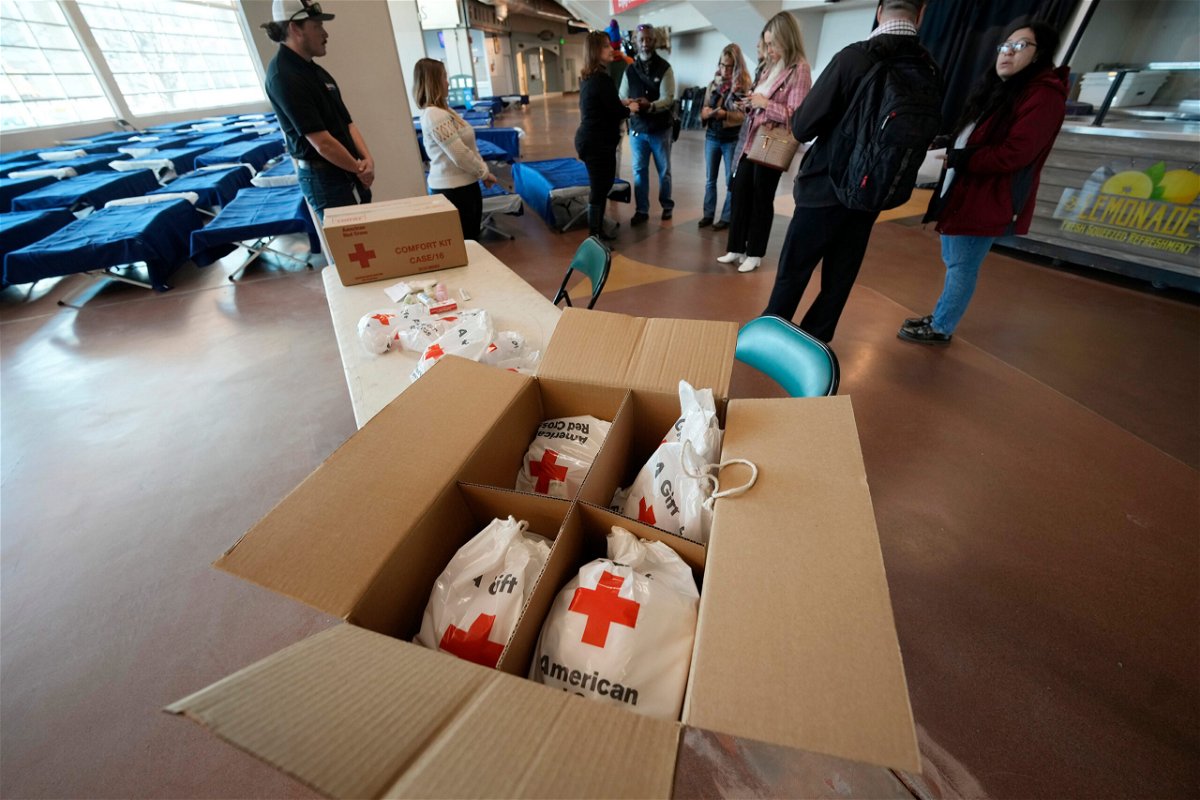 <i>David Zalubowski/AP</i><br/>There was a 47-degree temperature drop in Denver in 2 hours. Care bags sit ready for people seeking refuge from the intense cold front sweeping over the intermountain West at Denver Coliseum on December 21 in Denver.