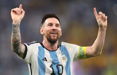 Messi celebrates Argentina's victory against Australia in the round of 16.