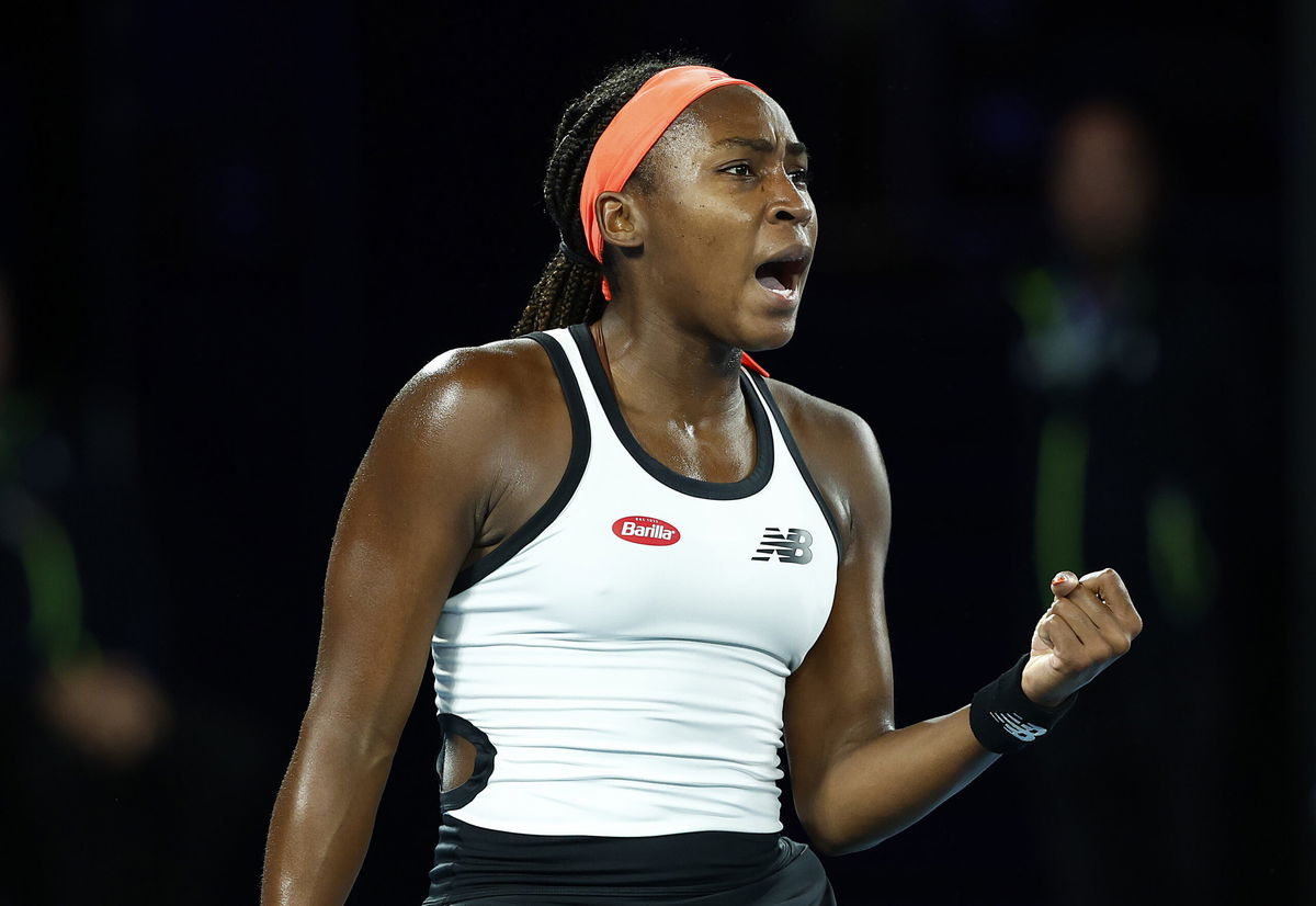 <i>Daniel Pockett/Getty Images</i><br/>Coco Gauff celebrates taking the first set against Raducanu.