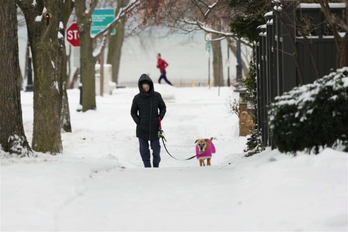 <i>Nam Y. Huh/AP</i><br/>A woman takes a walk with her dog on a snow-covered sidewalk Sunday in Evanston