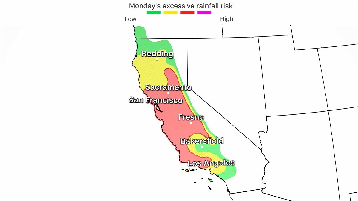 A Level 3 out of 4 risk for excessive rainfall has been issued for over 15 million people across California on Monday.